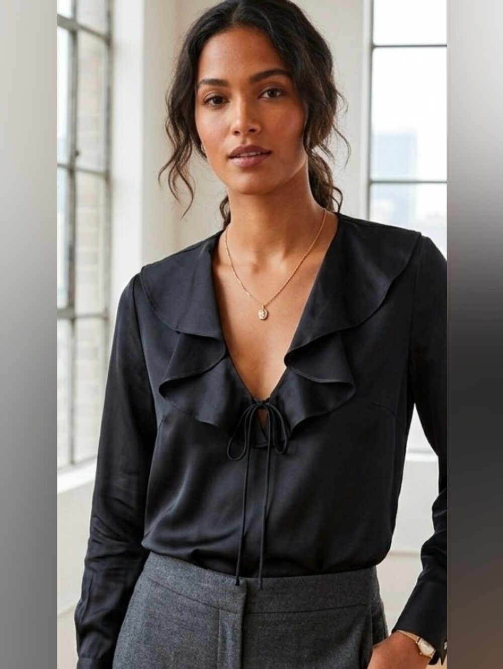 J.Crew Black Ruffle Tie Neck Long Sleeve Viscose Blouse Size L